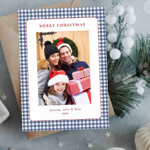 Einfaches blaues Gingham-Weihnachtsfoto Feiertagskarte
