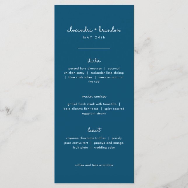 Einfaches Blue Wedding Menu Menükarte (Vorderseite)