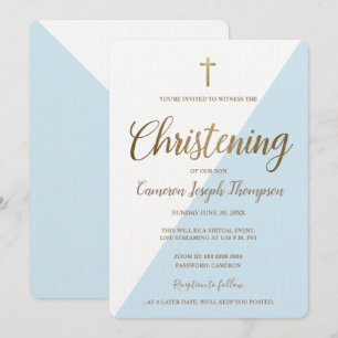 Einfaches Blue White Gold Cross Virtual Christenin Einladung