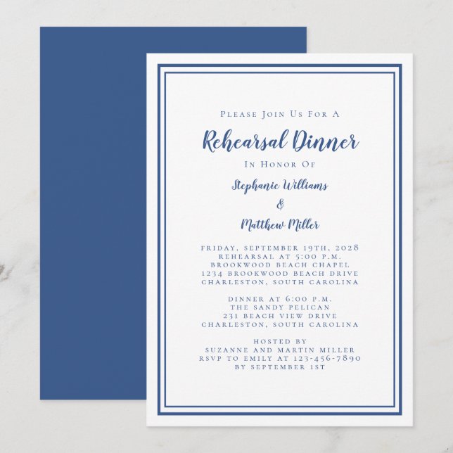 Einfaches Blue & White Wedding Probe Dinner Einladung (Vorne/Hinten)