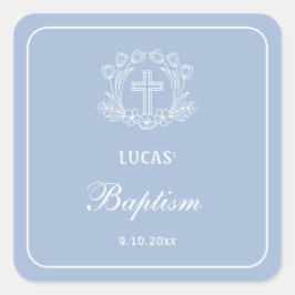Einfaches Blumenkreuz auf hellblauer Taufe Quadratischer Aufkleber