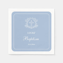 Einfaches Blumenkreuz auf hellblauer Taufe Serviette