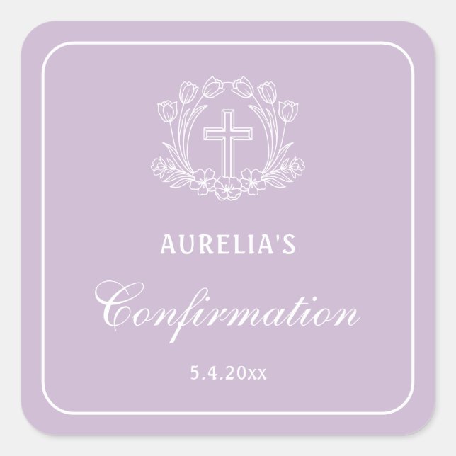 Einfaches Blumenkreuz auf Lilac-Bestätigung Quadratischer Aufkleber (Vorderseite)