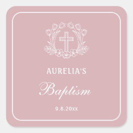 Einfaches Blumenkreuz auf rosa Taufe Quadratischer Aufkleber