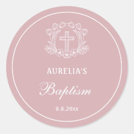 Einfaches Blumenkreuz auf rosa Taufe Runder Aufkleber