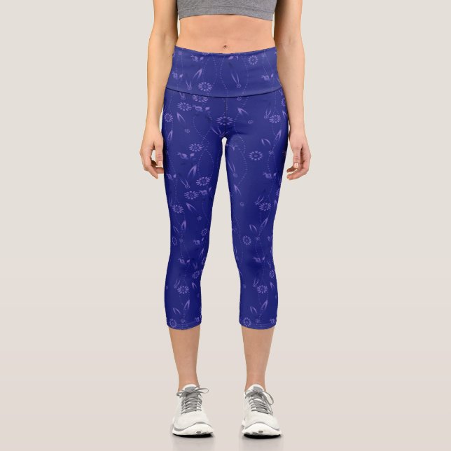 Einfaches Blumenmuster Retro Blau Capri Leggings (Vorderseite)