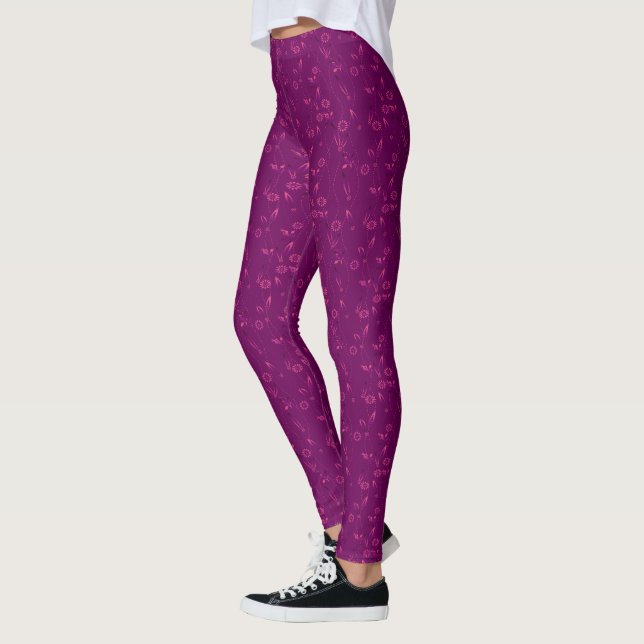 Einfaches Blumenmuster Retro Burgunderrot Leggings (Links)