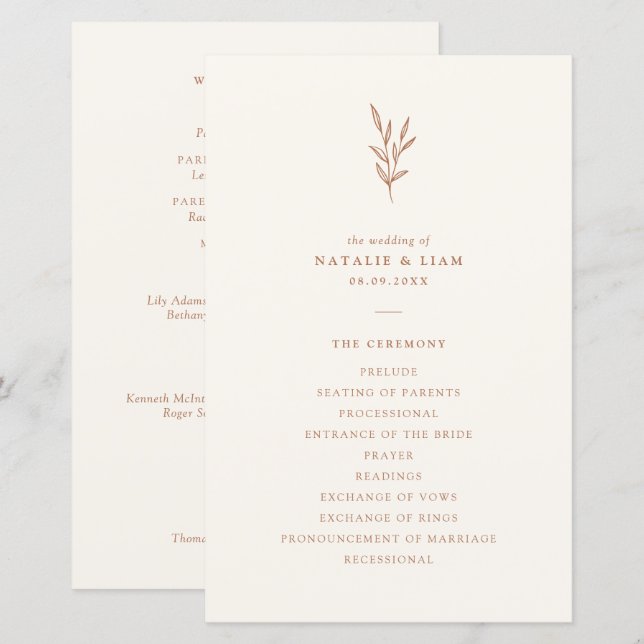 Einfaches Botanisches Burnt Orange Hochzeitsprogra (Vorne/Hinten)