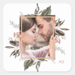 Einfaches botanisches Frame-Foto mit Monogram Squa Quadratischer Aufkleber