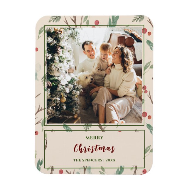 Einfaches botanisches Muster Frohe Weihnachts-Foto Magnet (Vertikal)