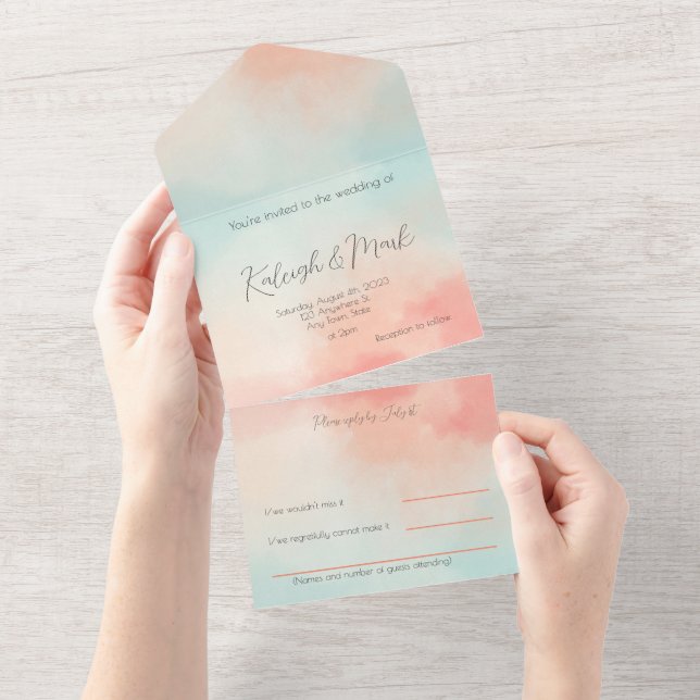 Einfaches Budget Pastel Peach & Türkis Wedding All In One Einladung (Abreißen)