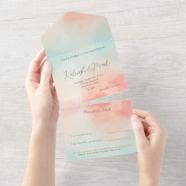 Einfaches Budget Pastel Peach & Türkis Wedding All In One Einladung