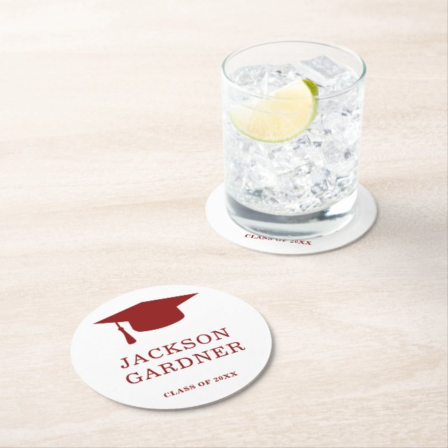 Einfaches Burgundy Mortar Board Moderner Abschluss Runder Pappuntersetzer (Vor Ort)