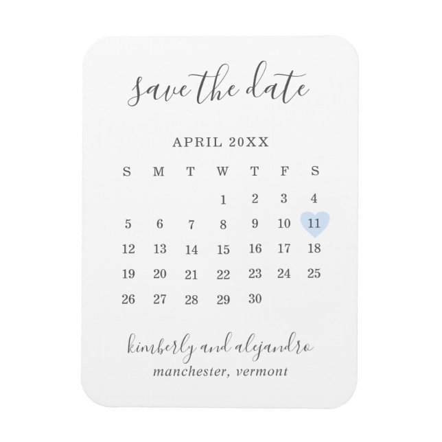 Einfaches Calendar Pastel Blaues Herz Save the Dat Magnet (Vertikal)