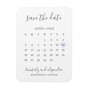 Einfaches Calendar Pastel Lila Herz Save the Date Magnet