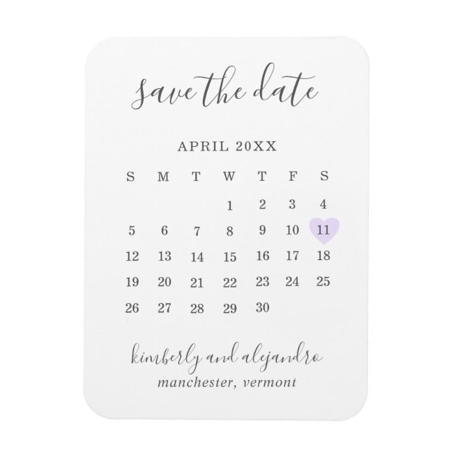 Einfaches Calendar Pastel Lila Herz Save the Date Magnet (Vertikal)