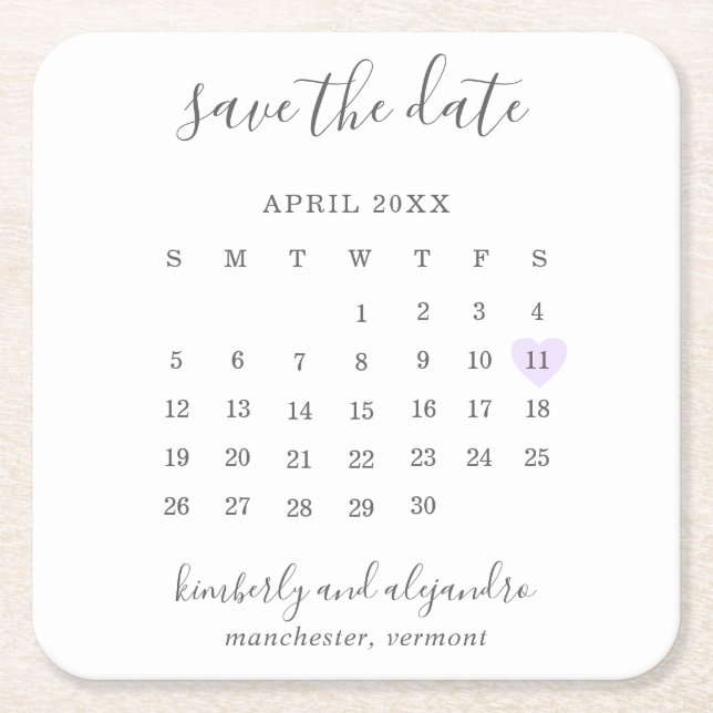 Einfaches Calendar Pastel Lila Herz Save the Date Rechteckiger Pappuntersetzer (Vorderseite)