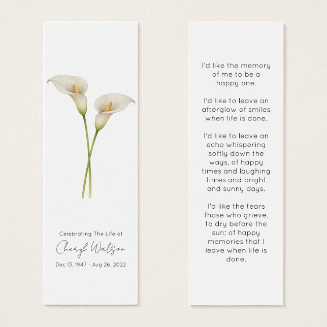 Einfaches Calla-Lilien-Trauer-Lesezeichen (Vorne & Hinten)