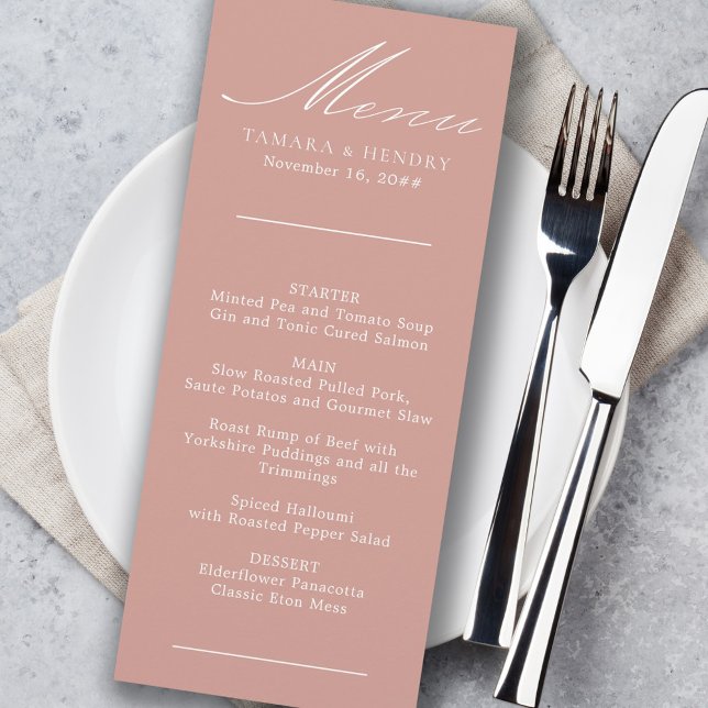 Einfaches Calligraphy Rose Gold Wedding Menu Menükarte (Von Creator hochgeladen)