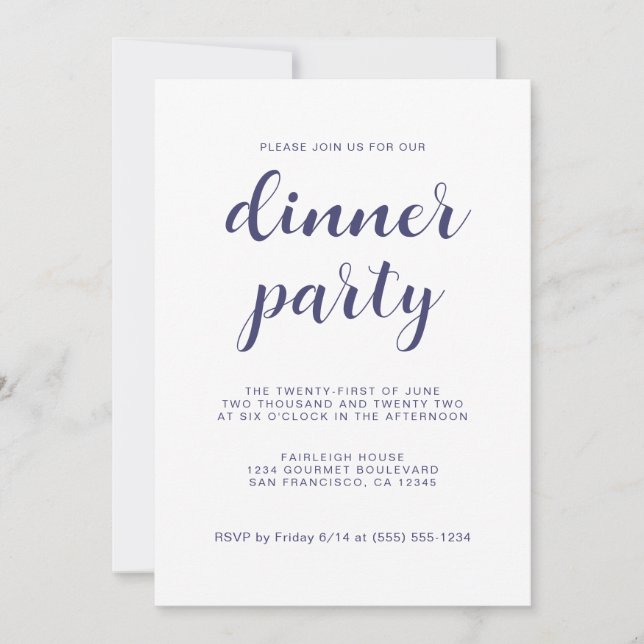 Einfaches Chic Navy Blue Script Party Einladung (Vorderseite)