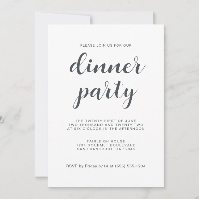 Einfaches Chic Script White Dinner Party Einladung (Vorderseite)