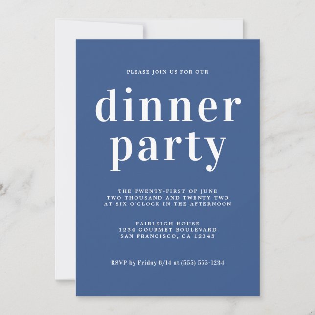 Einfaches Chic Typografy Classic Blue Dinner Party Einladung (Vorderseite)