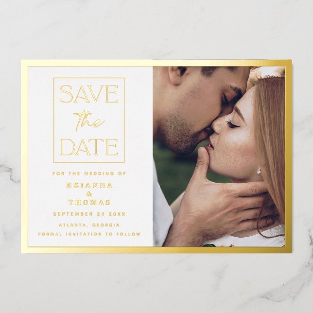Einfaches Classic Foto Wedding Gold Save the Date Folieneinladung (Vorderseite)