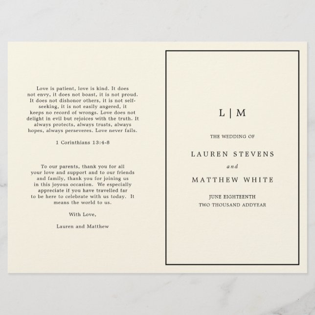 Einfaches Cream Monogram Elegant Wedding Programm (Vorderseite)