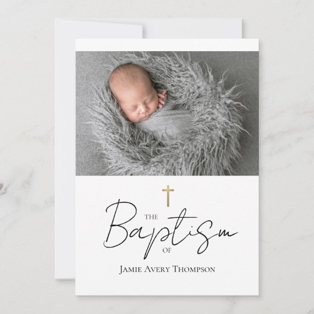 Einfaches Custom Baby Foto Taufen Gold Kreuz Einladung (Vorderseite)
