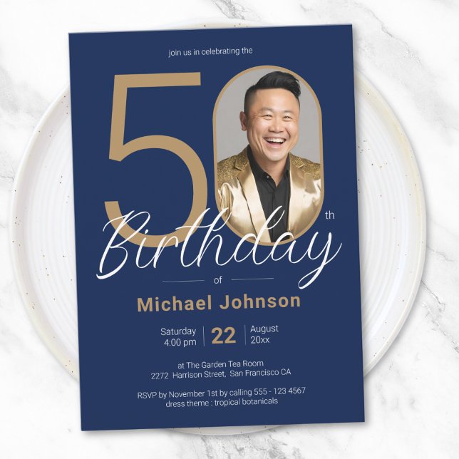 Einfaches Custom Foto Gold Navy Blue 50. Geburtsta Einladung (Simple Custom Photo Gold Navy Blue 50th Birthday Invitation)