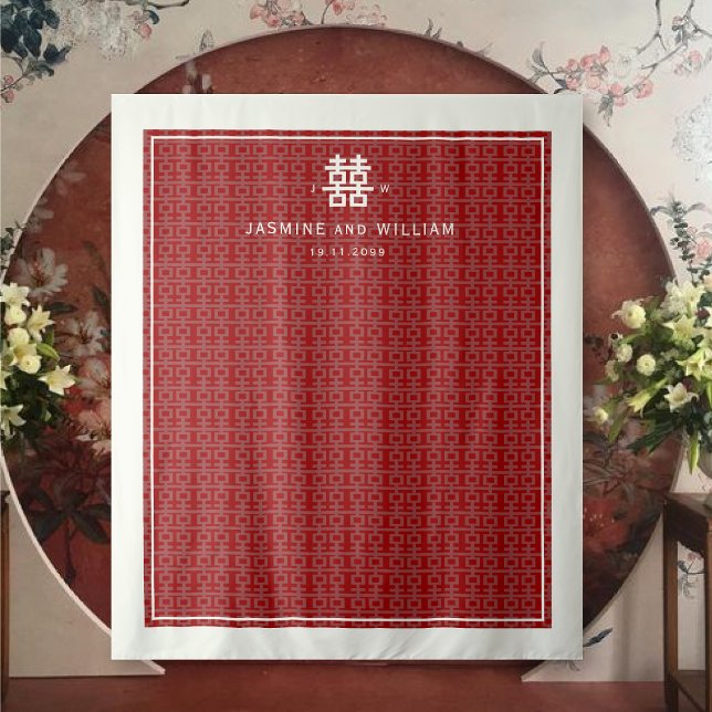 Einfaches doppeltes Glück chinesischer Hochzeitsta Wandteppich (Simple Double Happiness Pattern Chinese Wedding Photo Backdrop Tapestry @ fatfatin_red_knot)