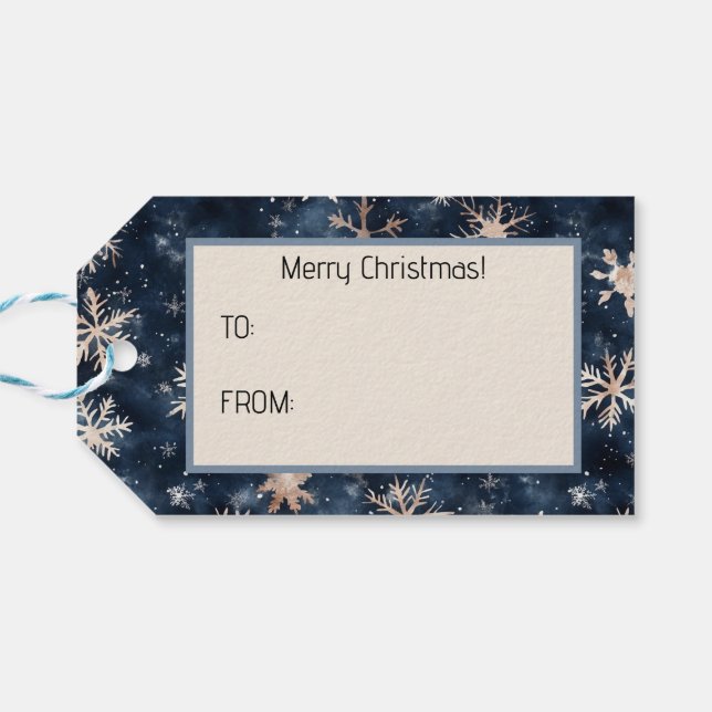 Einfaches dunkles Blau mit Schneeflocken Geschenkanhänger (Rückseite Horizontal)