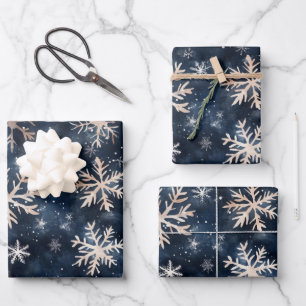Einfaches dunkles Blau mit Schneeflocken Geschenkpapier Set