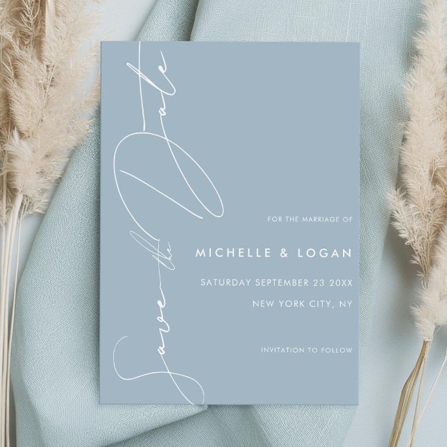 Einfaches Dusty Blue Modern Script Wedding Save The Date (Von Creator hochgeladen)