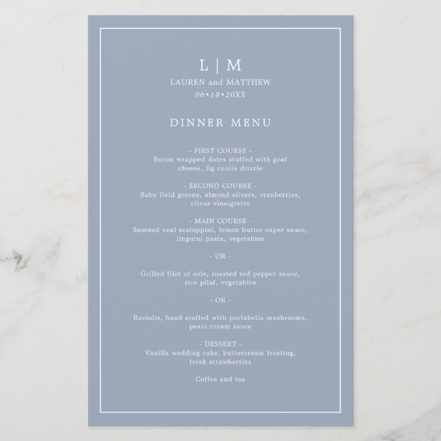 Einfaches Dusty Blue Monogram Elegant Wedding Menu (Vorderseite)