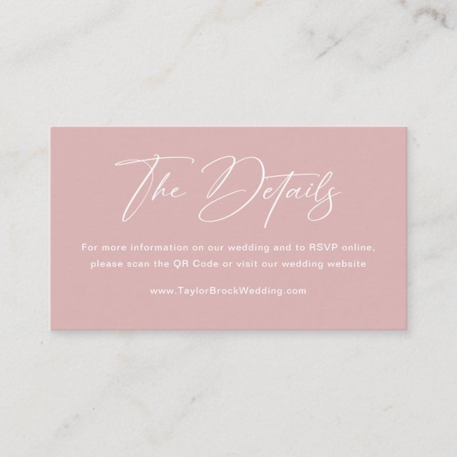 Einfaches Dusty Pink-Hochzeitstil-Website Qr-Code Begleitkarte (Vorderseite)