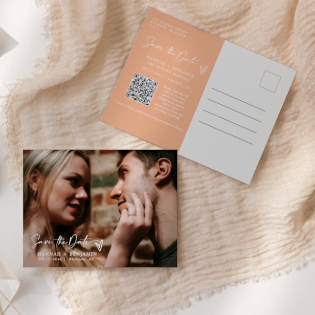 Einfaches Eleganpeach Save the Date QR Code Foto Postkarte (Von Creator hochgeladen)