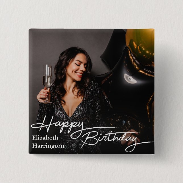 Einfaches Elegant Happy Birthday Foto Button (Vorderseite)