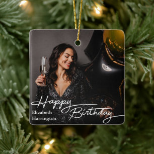 Einfaches Elegant Happy Birthday Foto Keramikornament