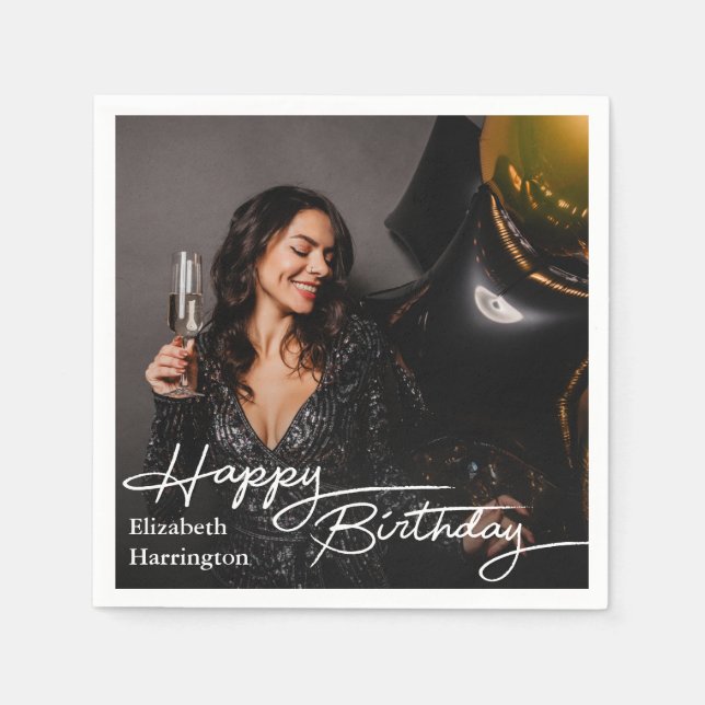 Einfaches Elegant Happy Birthday Foto Serviette (Vorderseite)