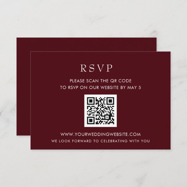 Einfaches Eleganter, moderner Burgund QR CODE RSVP Karte (Vorne/Hinten)