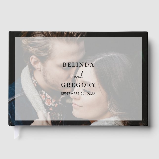 Einfaches Elegantes 2-Foto-Overlay-Script Hochzeit Gästebuch (Vorderseite)