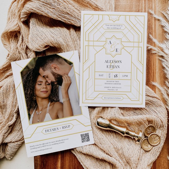 Einfaches elegantes Black Gold Deco QR Foto Einladung (Von Creator hochgeladen)