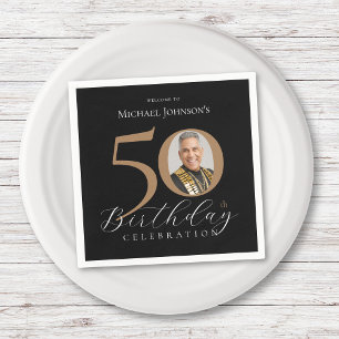 Einfaches elegantes Black Gold Foto 50. Geburtstag Serviette