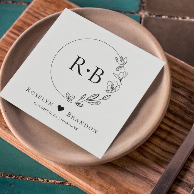 Einfaches elegantes Blumenkraut-Monogramm Serviette (Monogrammed wedding napkins in chic, minimal wreath floral design. Customizable names and date.)