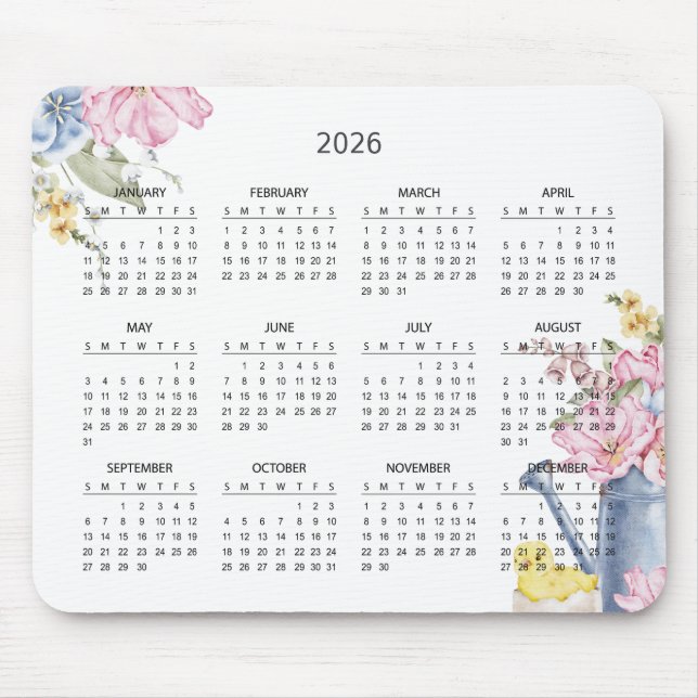 Einfaches Elegantes Botanisches 2026-Kalender | Ma Mousepad (Vorne)