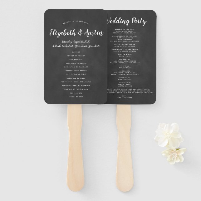 Einfaches elegantes Chalkboard-Hochzeitsprogramm Fächer (Vorne und Hinten)