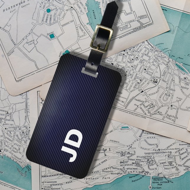 Einfaches elegantes Dakr Blue Linen White Monogram Gepäckanhänger (Von Creator hochgeladen)