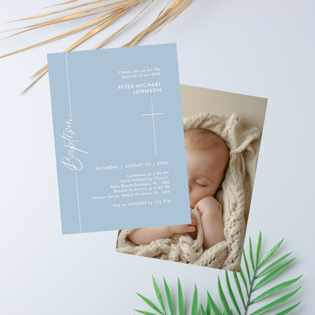 Einfaches elegantes Dusty Blue Baby Boy Baptism Fo Einladung (Von Creator hochgeladen)