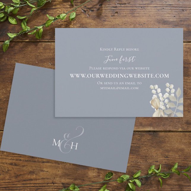 Einfaches elegantes Dusty Blue Gold Foliage Via We RSVP Karte (Von Creator hochgeladen)